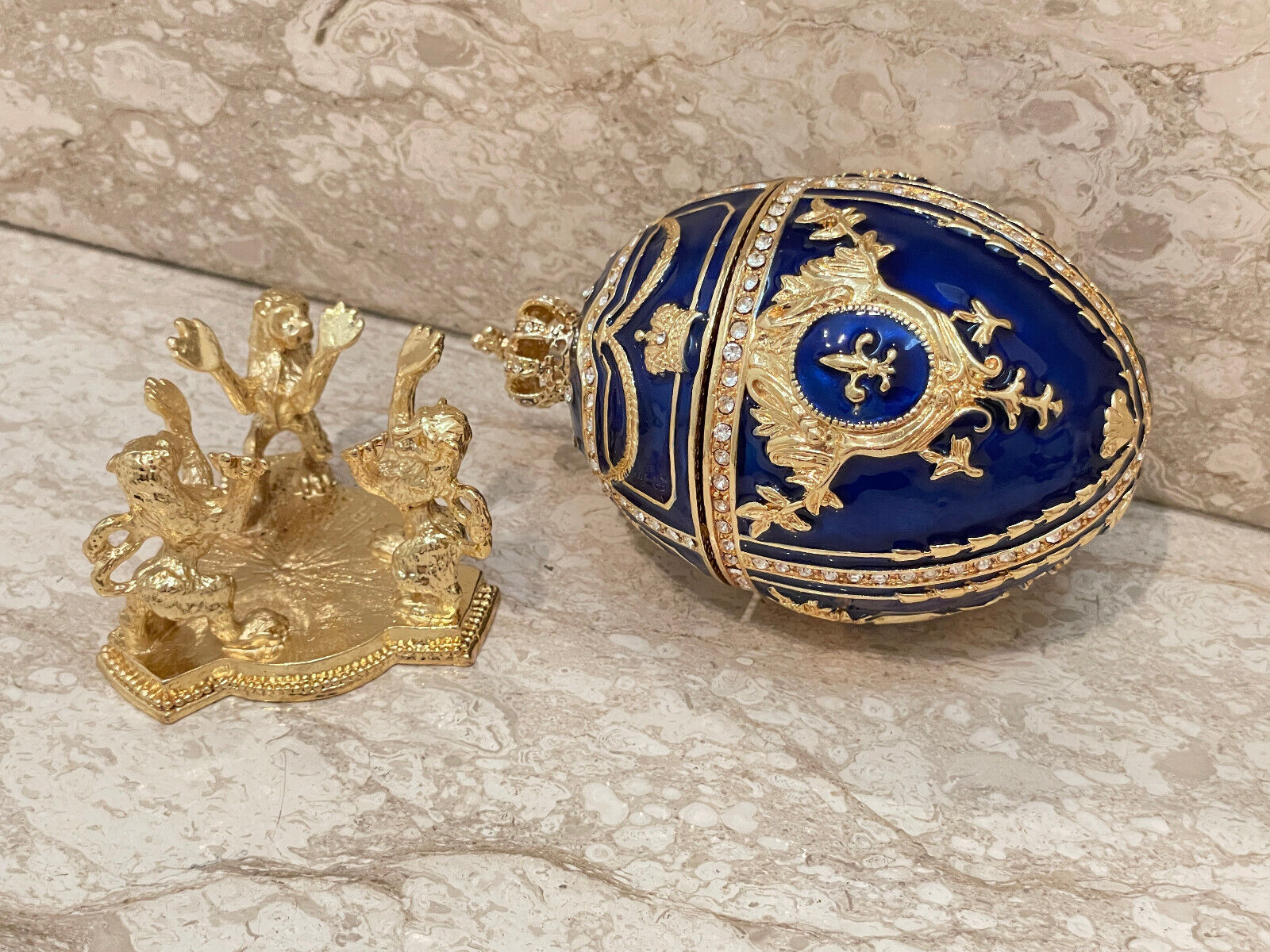 Sapphire Faberge egg Swarovski Handset 24k GOLD Faberge egg trinket box Handmade