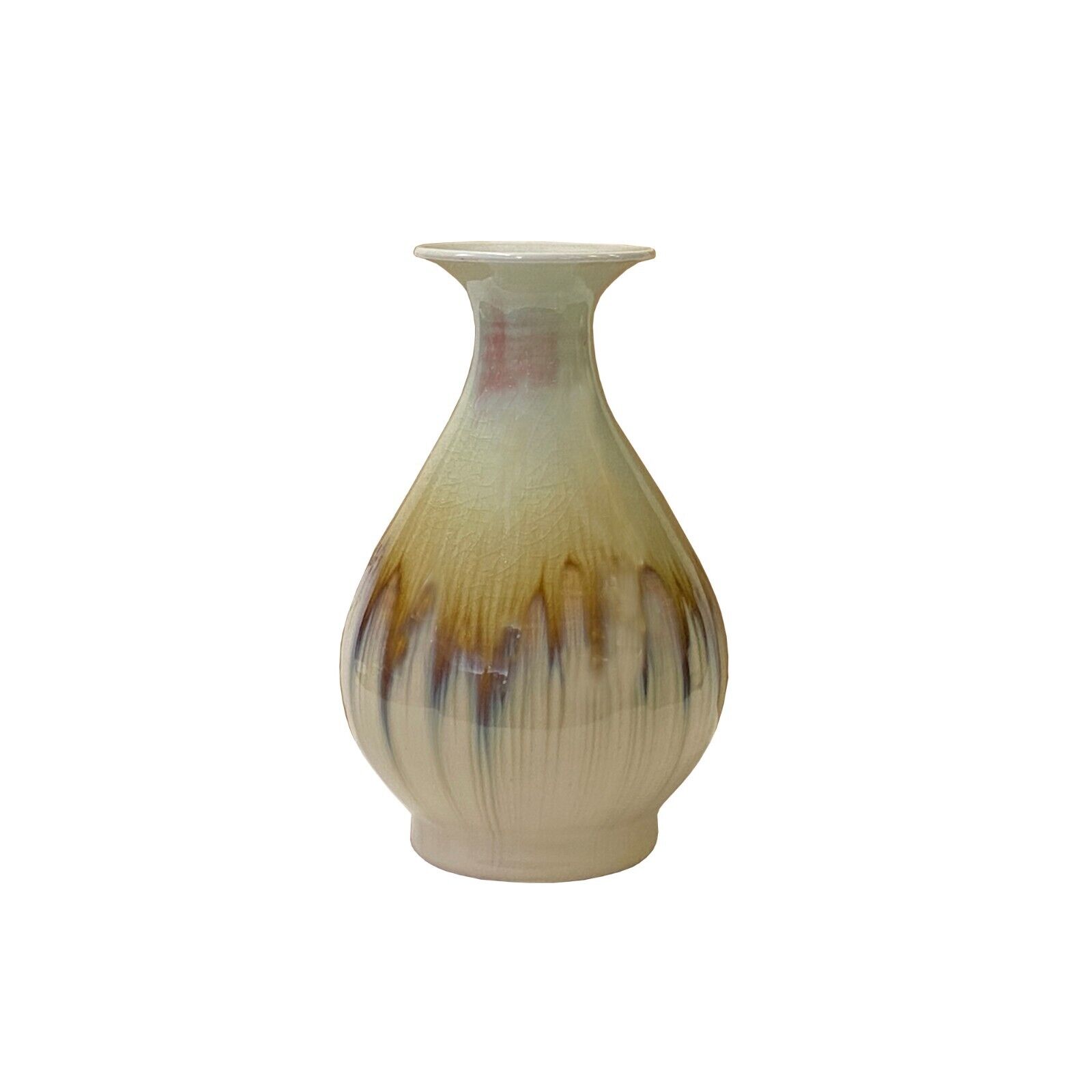 Light Brown Tan White Strips Ceramic Round Small Vase Jar ws3282