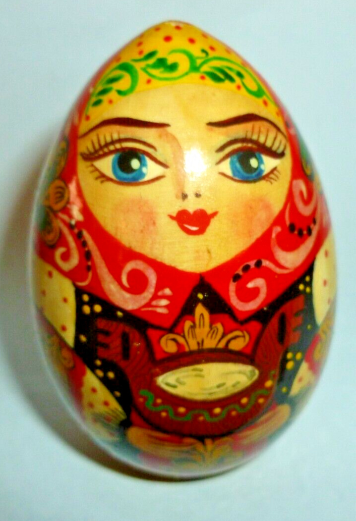 Vintage Russia USSR Ukraine Hand painted Lacquer Wood Egg 4” Doll Faux Matreshka