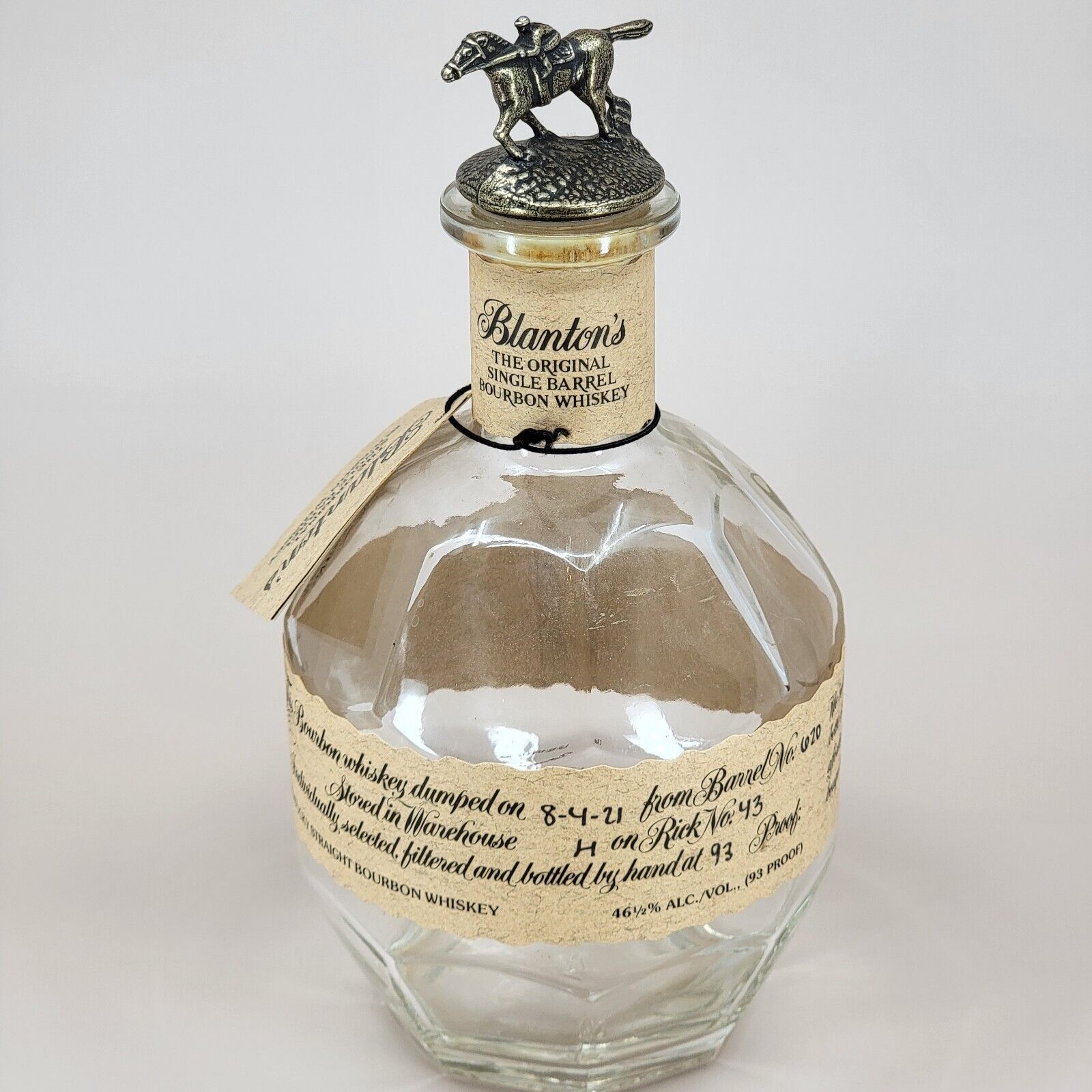 Blanton\'s Bourbon Whiskey Empty Bottle 750ml w Cork Stopper Letter T & Label Tag
