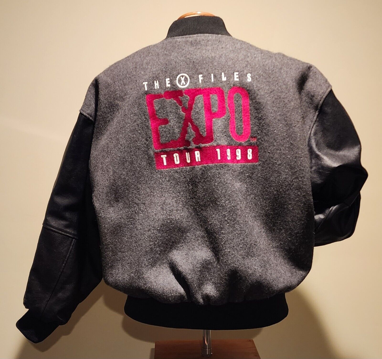 Vintage 1998 X Files Expo Tour Grey Wool Black Leather Bomber Jacket XL Men 