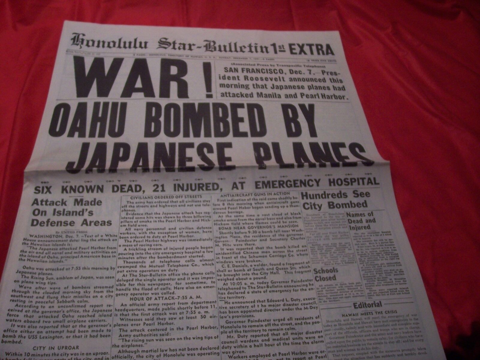 Honolulu Star-Bulletin Newspaper Attacked Pearl Harbor December 7, 1941