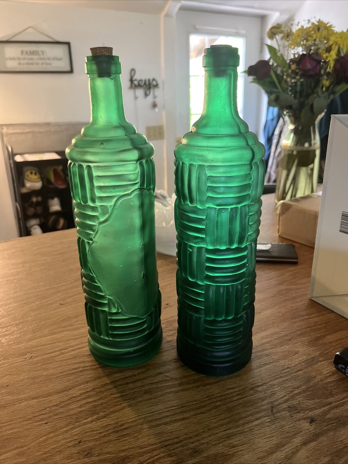 2 Vintage Green Glass Bottles With Corks 