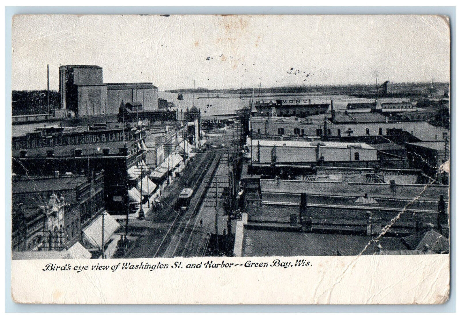 1907 Bird\'s Eye View of Washington St. and Harbor Green Bay WI Postcard