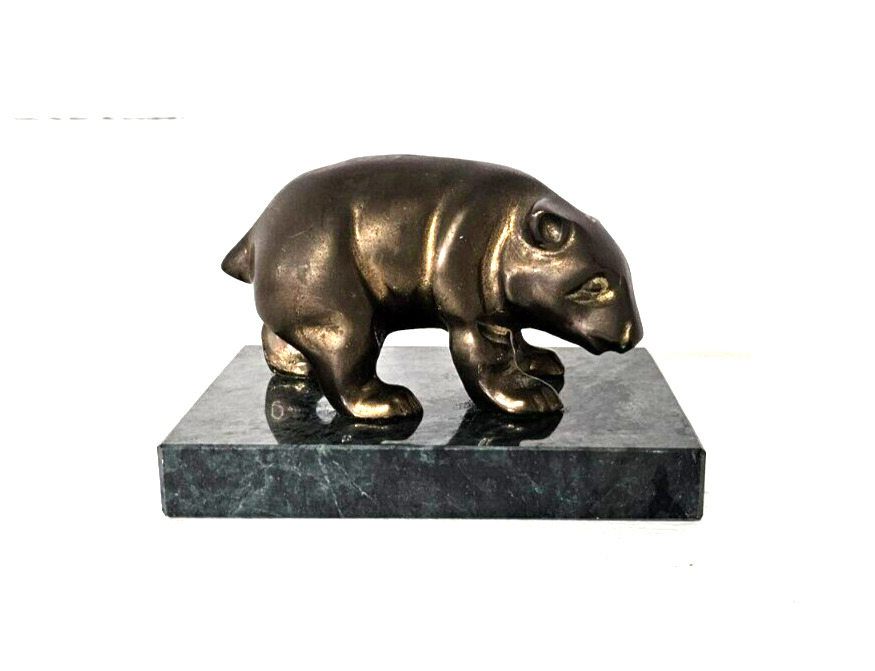 Vintage Brass Bear Figurine On Marble Stone Base
