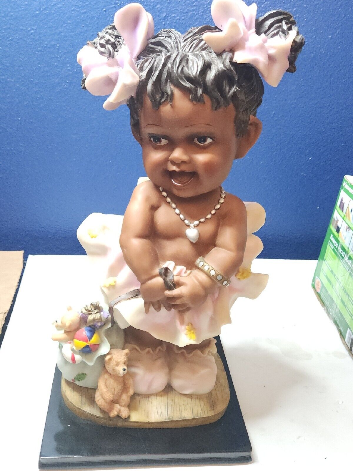 Figurine Baby Child Black African American w Ponytails and Toys 15 inch 
