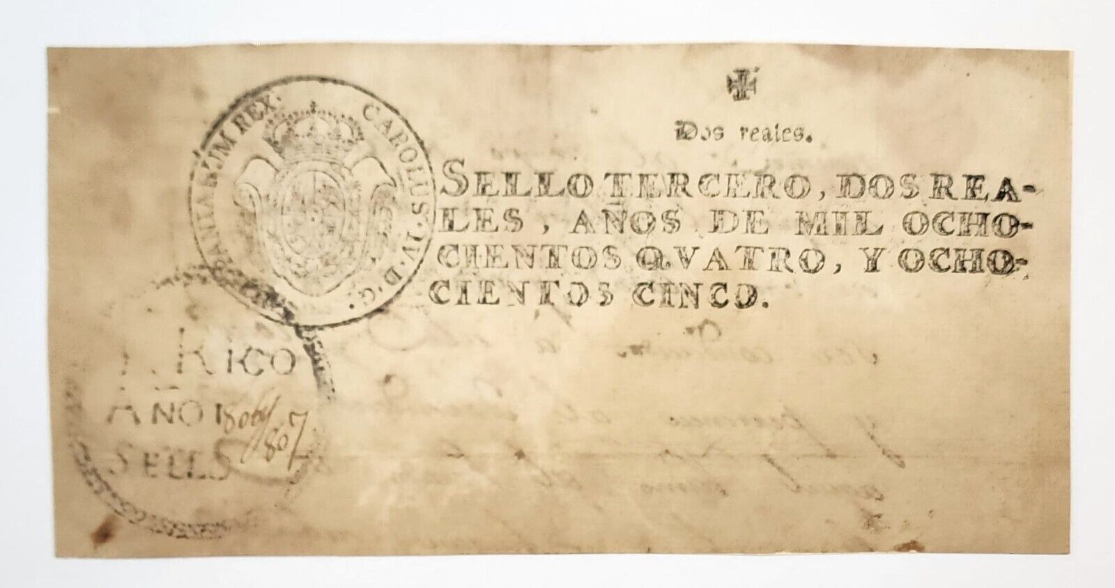 ANTIQUE SPANISH COLONIAL FISCAL STAMP / PUERTO RICO SELLO 3ro 1804 & 1805