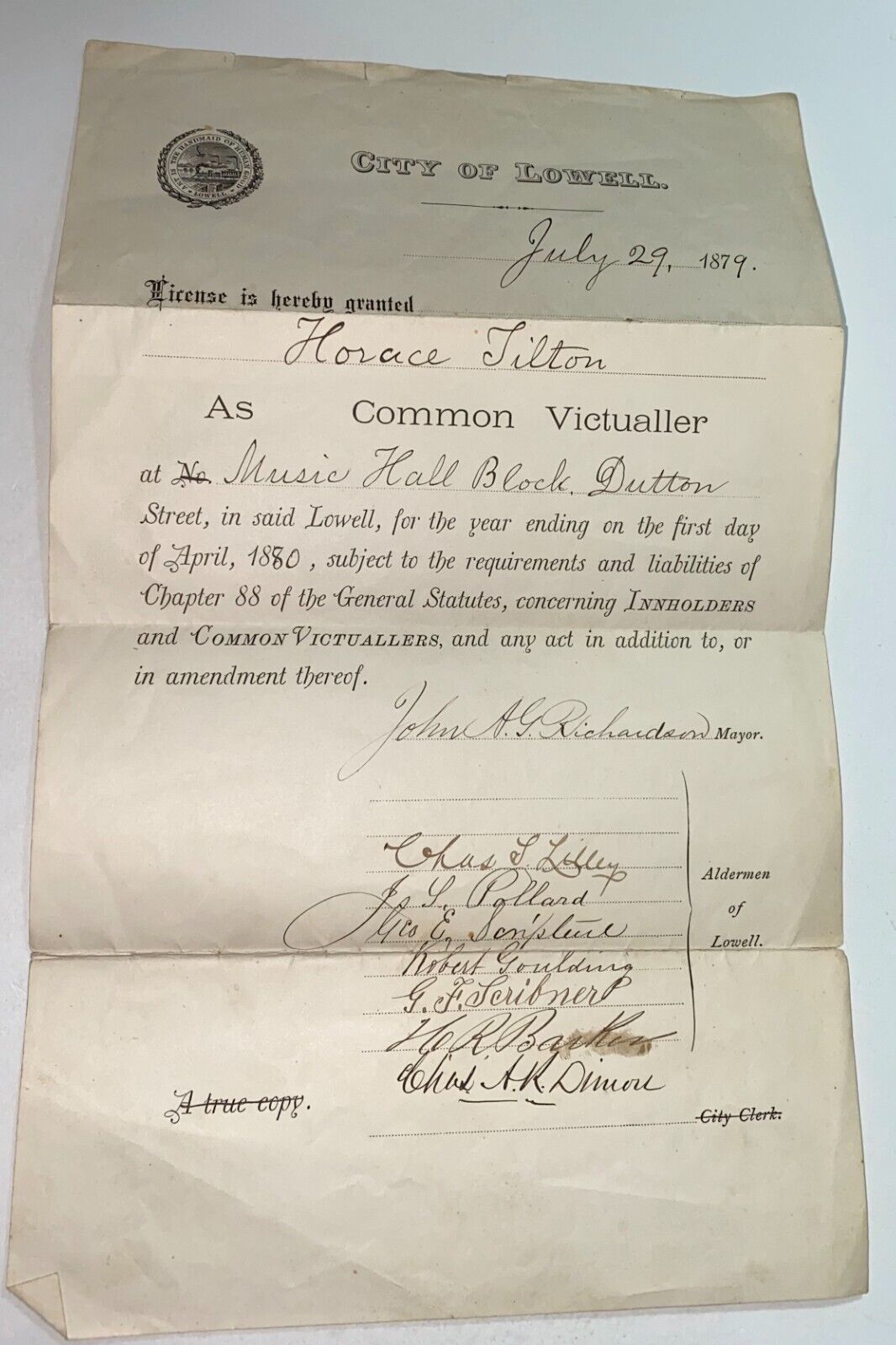 Rare Antique Lowell Massachusetts Business License 1879 Signed Civil War Vets