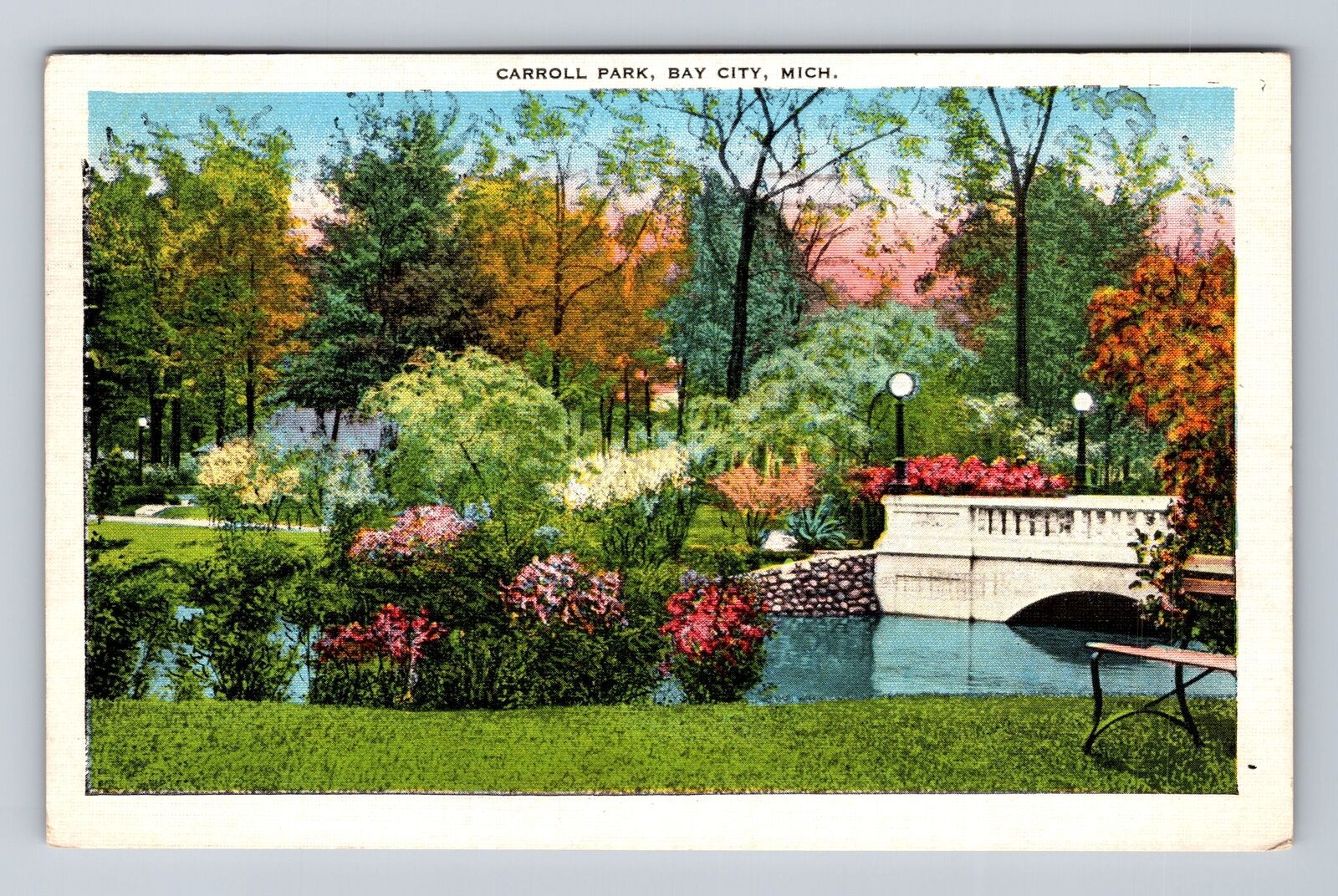 Bay City MI-Michigan, Scenic View Carroll Park, Antique Vintage c1940 Postcard