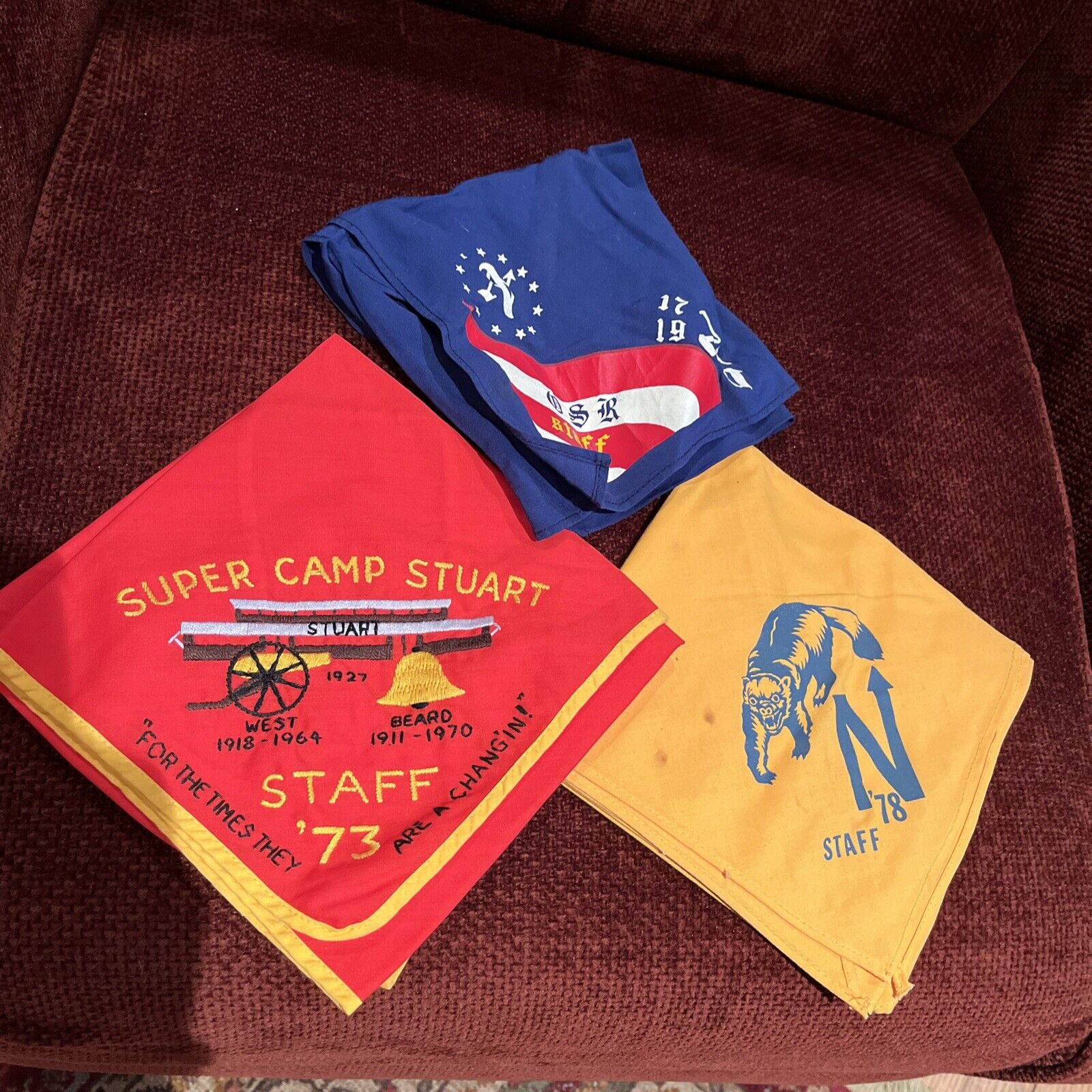 BSA Owasippe Camp Neckerchiefs  Camp Stuart Set Of  3.  One Is Embroidered 1973