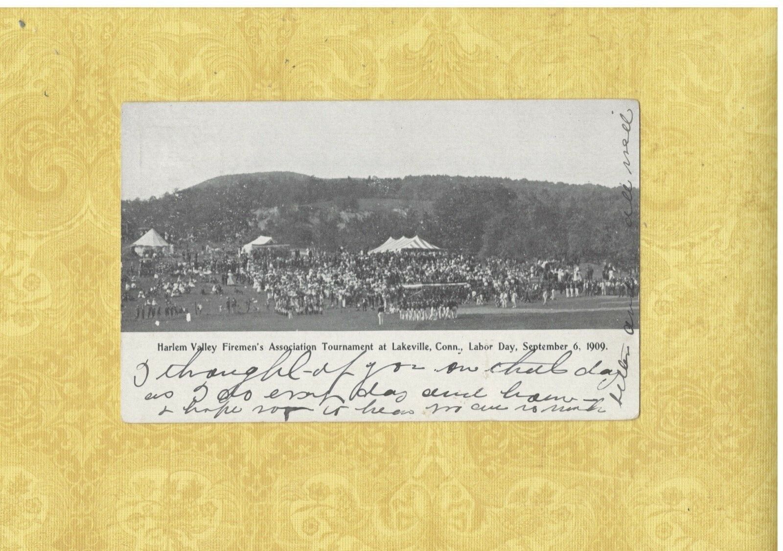 CT Lakeville 1909 rare postcard HARLAM VALLEYS FIREMANS TOURNAMENT CONN