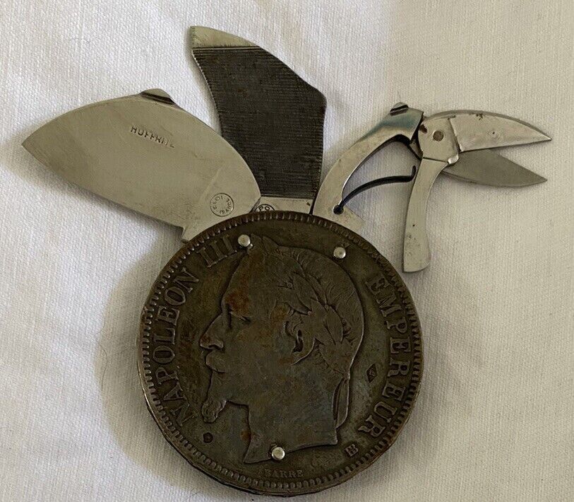 1867 HOFFRITZ ELOI PERNET SILVER COIN KNIFE CIGAR CUTTER MULTI TOOL POCKETKNIFE