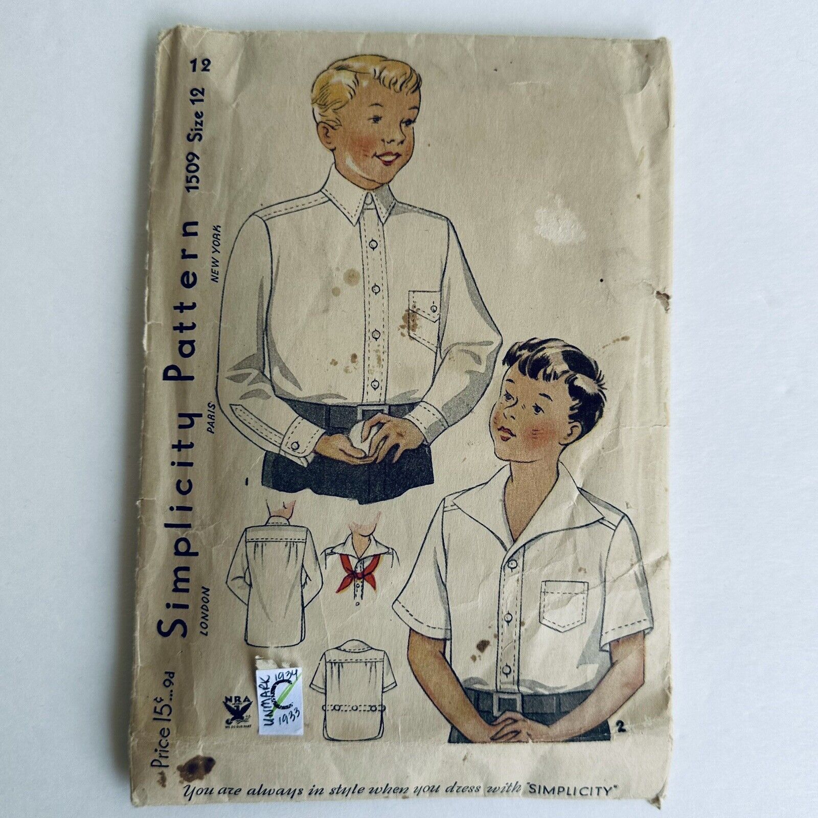 Vintage 30s SIMPLICITY Sewing Pattern Boys Shirt #1509 Size 12 