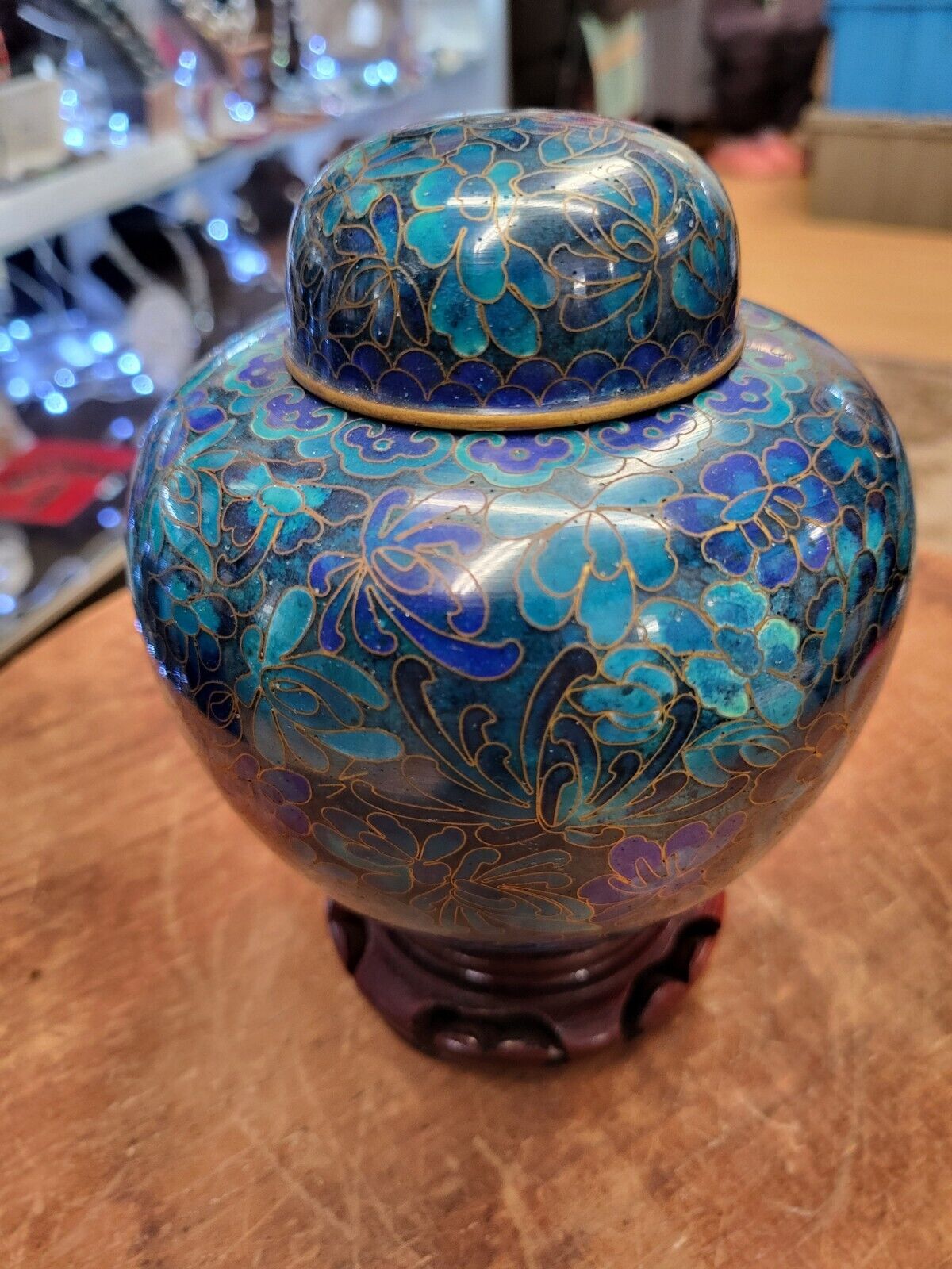 Vintage Chinese Blue And Green Flower Cloisonné Enamel & Brass Ginger Jar