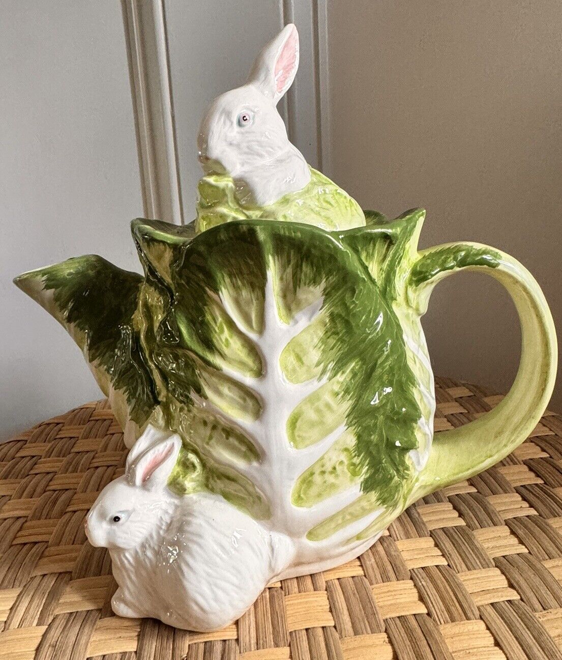Vintage Majolica Porcelain Decorative Bunny In Cabbage Leaf W/ Baby Bunny Teapot