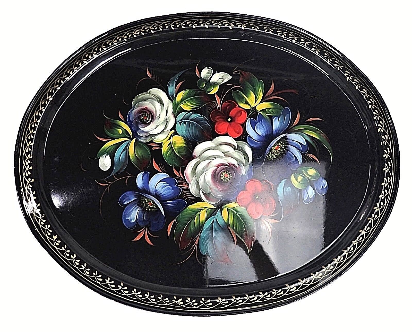 Vtg USSR Russian Hand Painted Metal Floral Flower Folk Art Tray Platter Black 