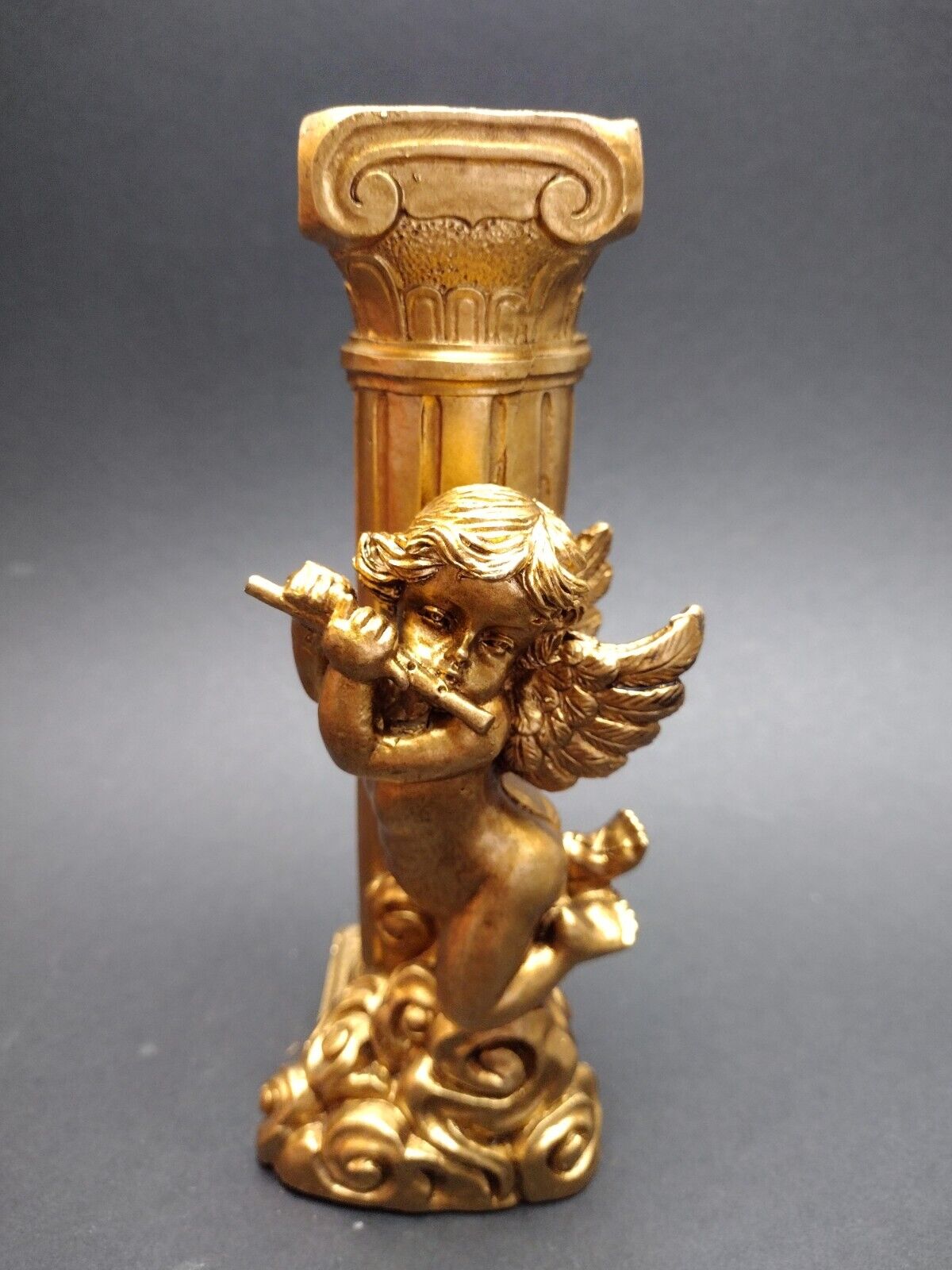 Vintage Gold Taper Candle Holder Cherub Playing Flute Ornate Hollywood Regency 