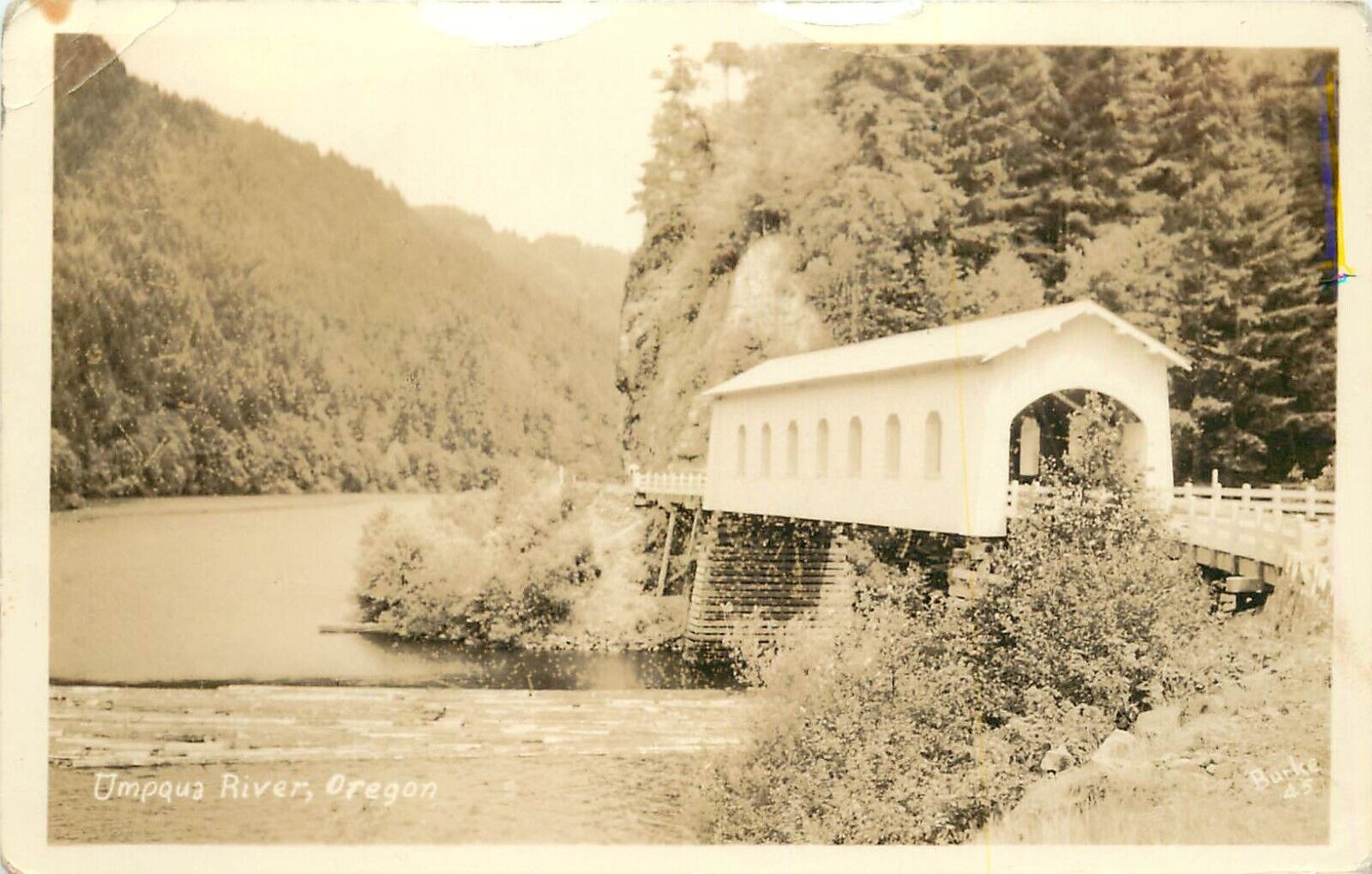 RPPC Postcard: Covered Bridge, Umpqua River OR, Burke Photo 45, Posted 1938