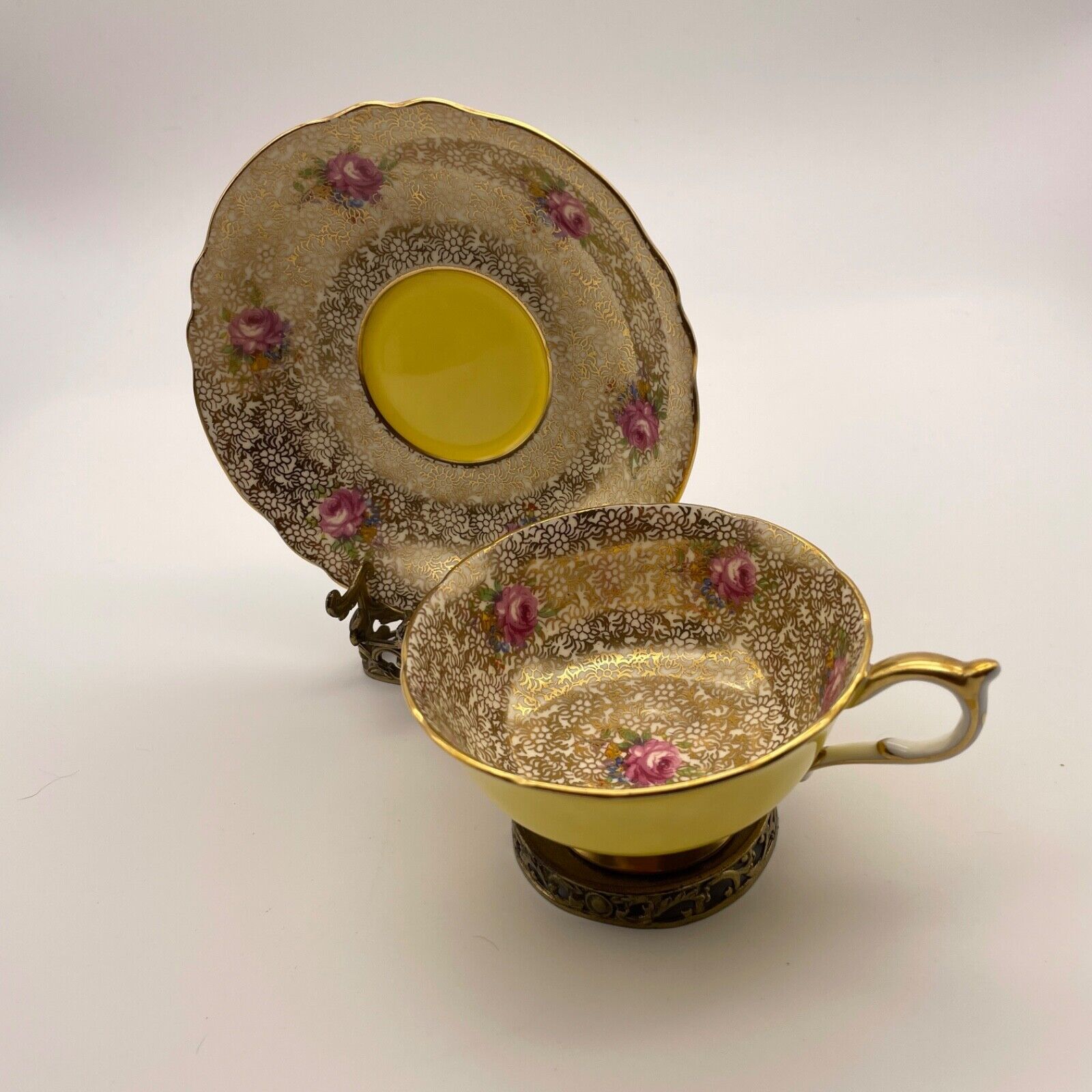 Paragon Tea Cup And Saucer Yellow Gold Chintz Pink Floral 7962/2 Dbl Warranted