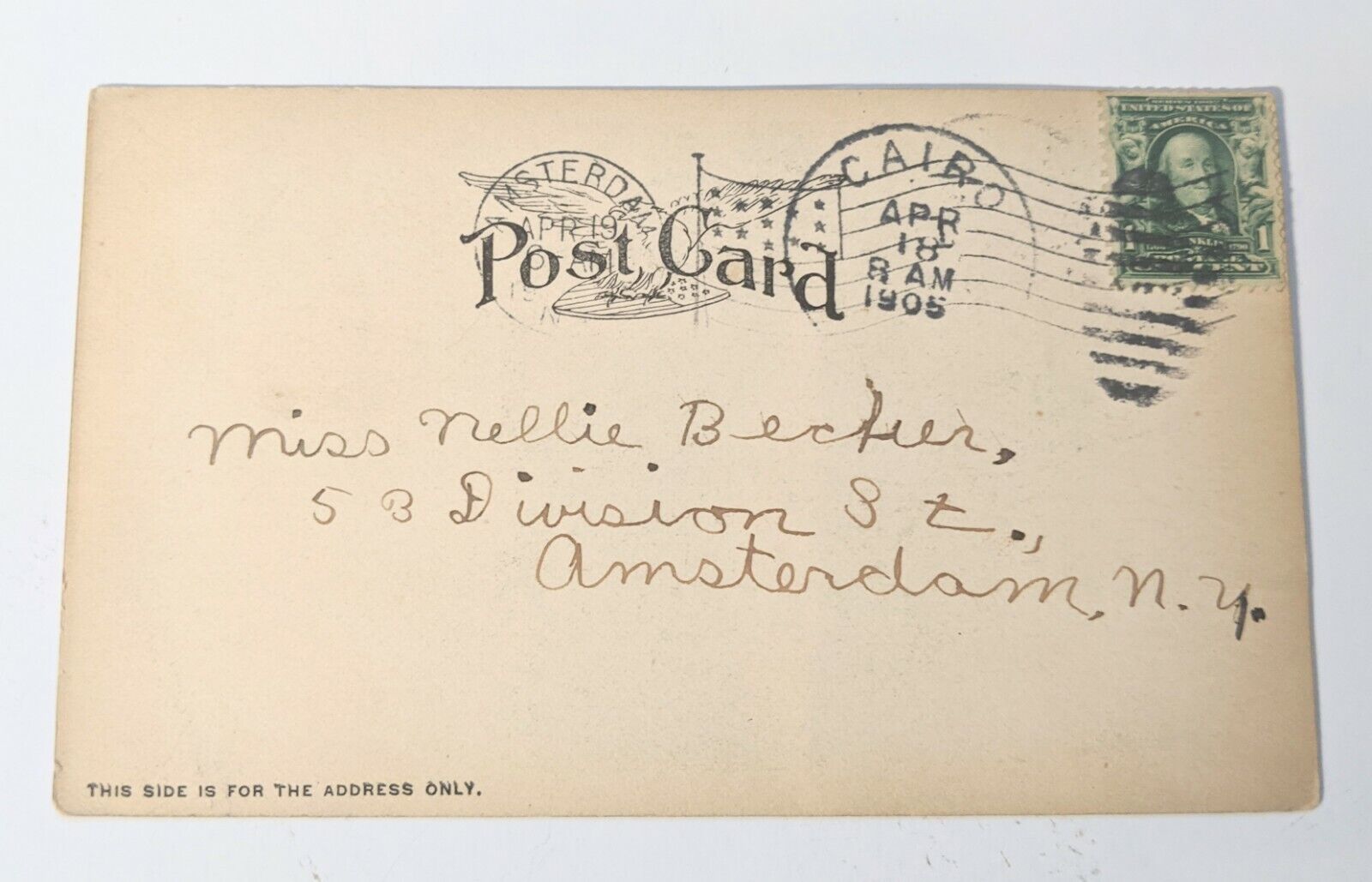 1905 BEN FRANKLIN Antique ONE CENT Green STAMP RARE Amsterdam NY  Postcard 