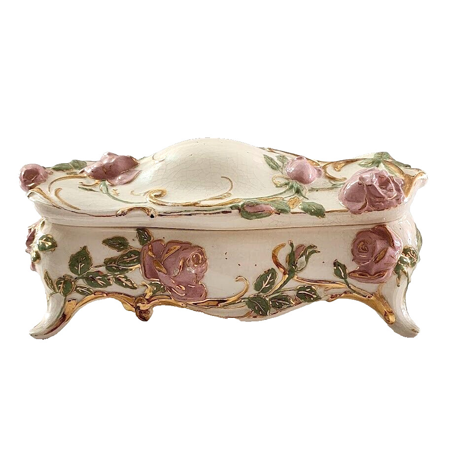 Vintage Porcelain Footed Trinket Box with Lid Floral Ceramic Gold Trim