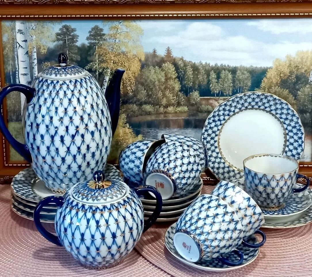 Vintage 22K Gold Cobalt Net Coffee Set 6/20 Lomonosov Porcelain 1990ss (3660)
