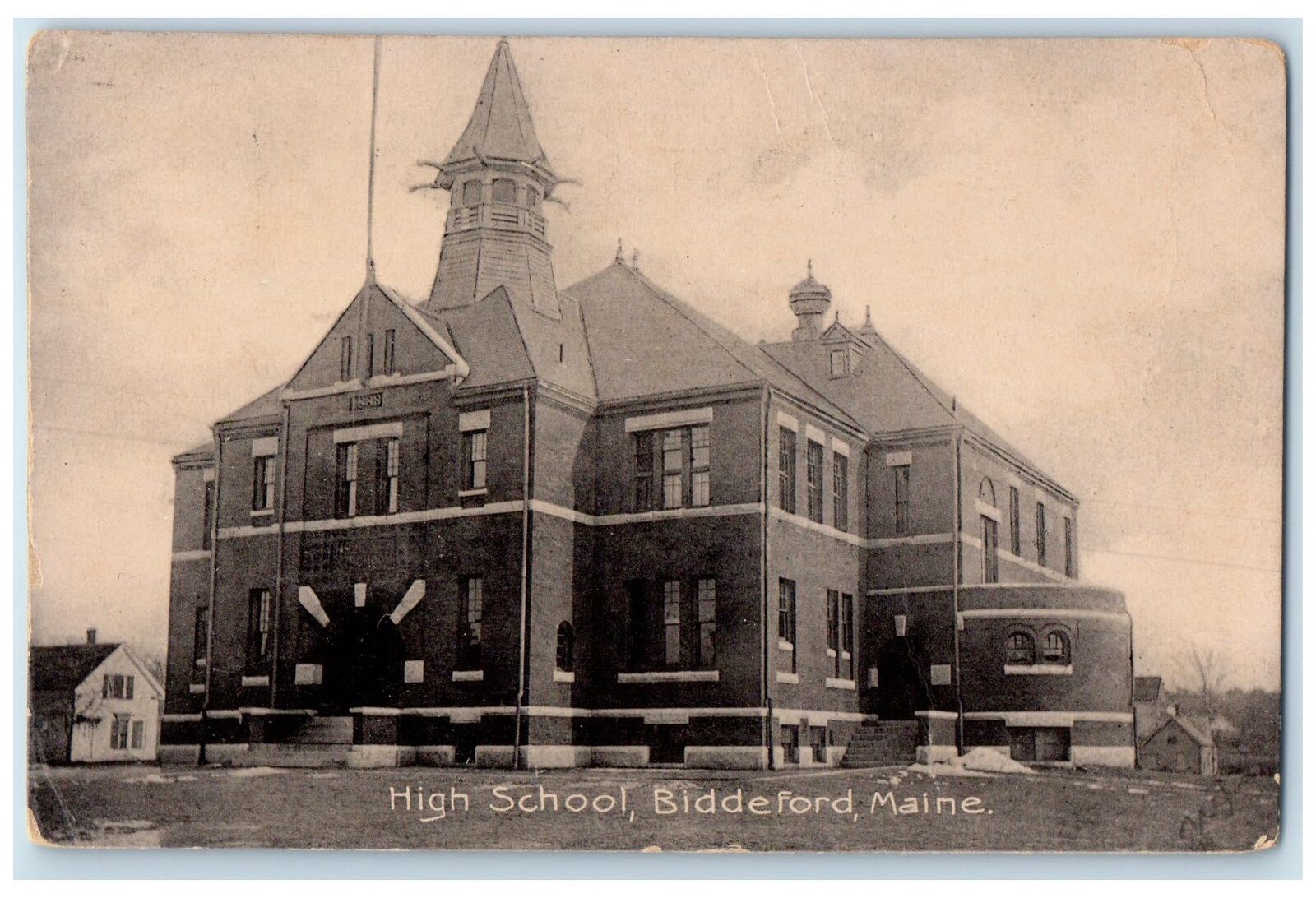 1908 High School Campus Building Tower Dirt Road Biddeford Maine ME Postcard