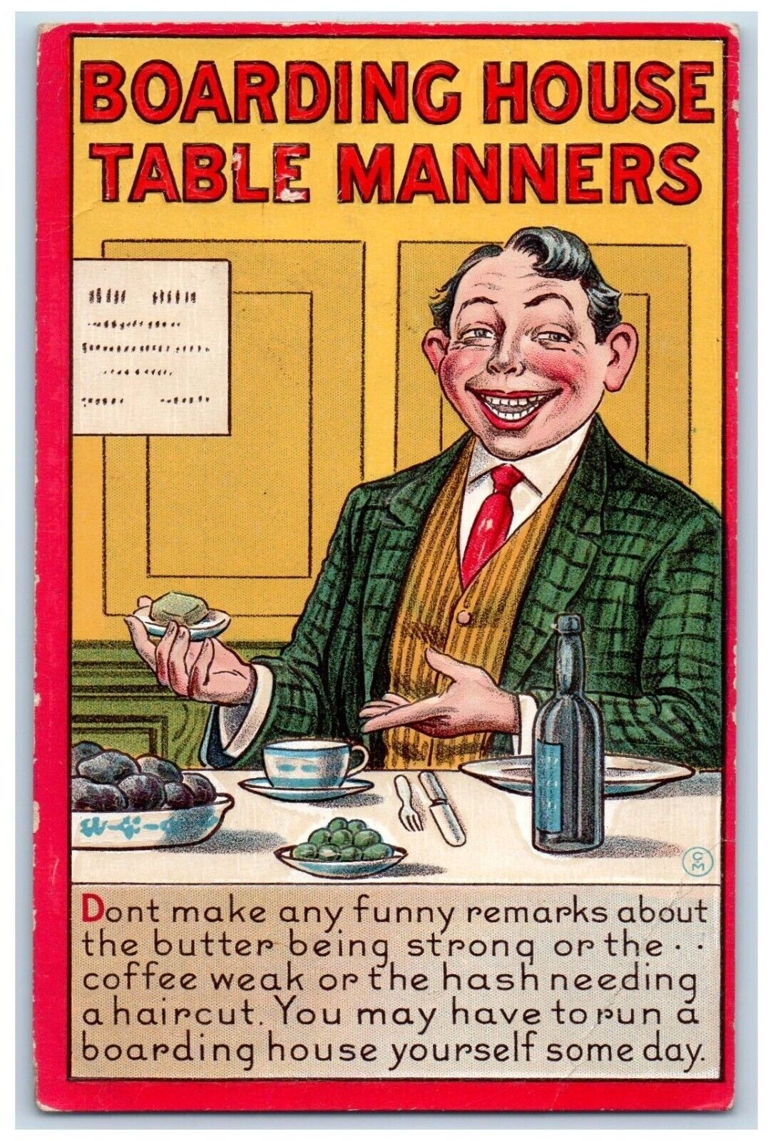 Comic Postcard Boarding House Table Manners Man Eating Embossed c1910's Antique