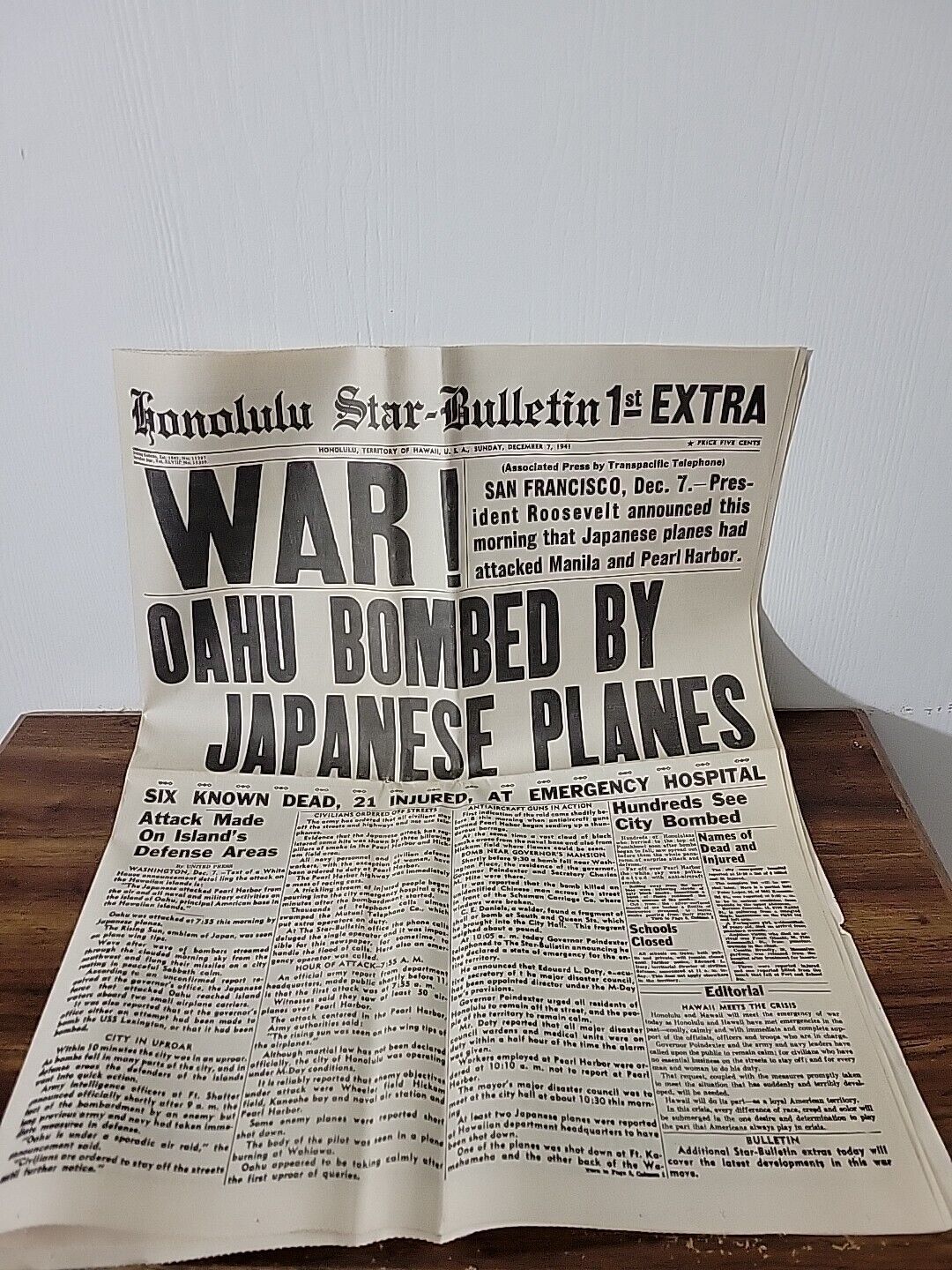 Honolulu Star-Bulletin Newspaper Dec 7 1941 1st Reprint Edition