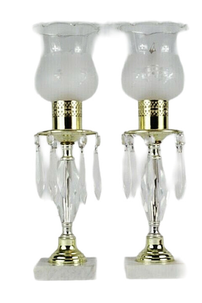 Vintage Pair of Table Lamps Drop Prism Crystal with Glass Shades Marble Base 15\