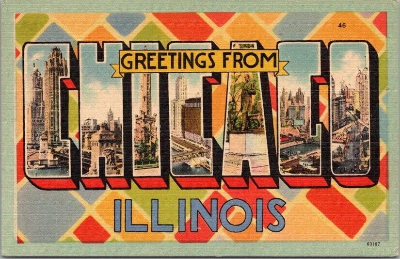 c1940s CHICAGO Illinois Large Letter Postcard Colorful Tichnor Linen / Unused