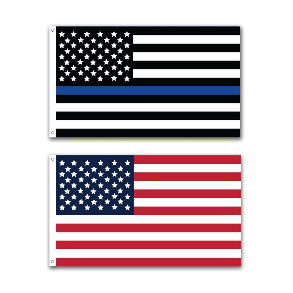 2 Pack Police Thin Blue Line and U.S. American Flag 2x3 Foot with Grommets 