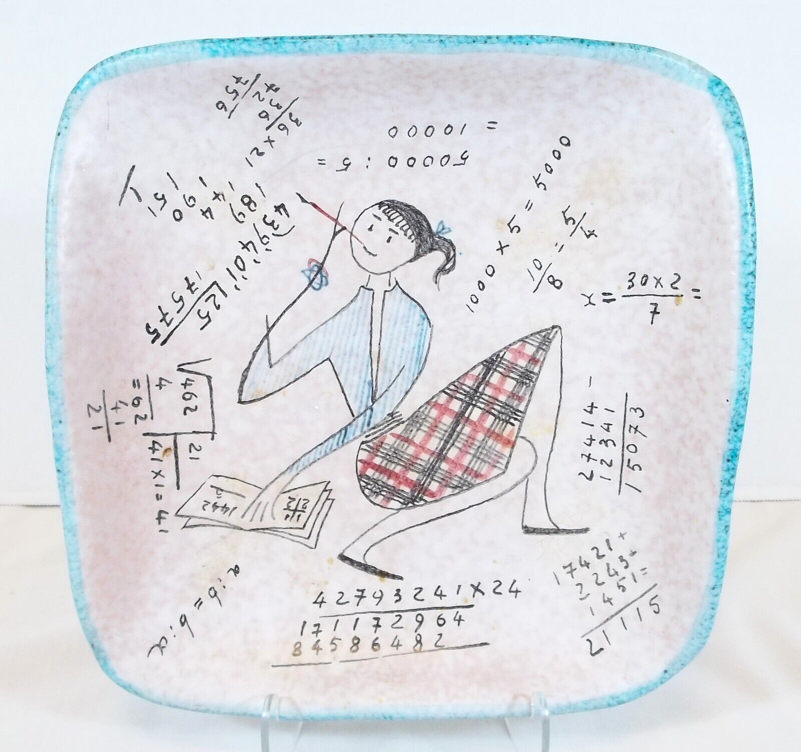 1960's Mid-Century Italian Ceramic Tray, Young Girl Solving Math Problems