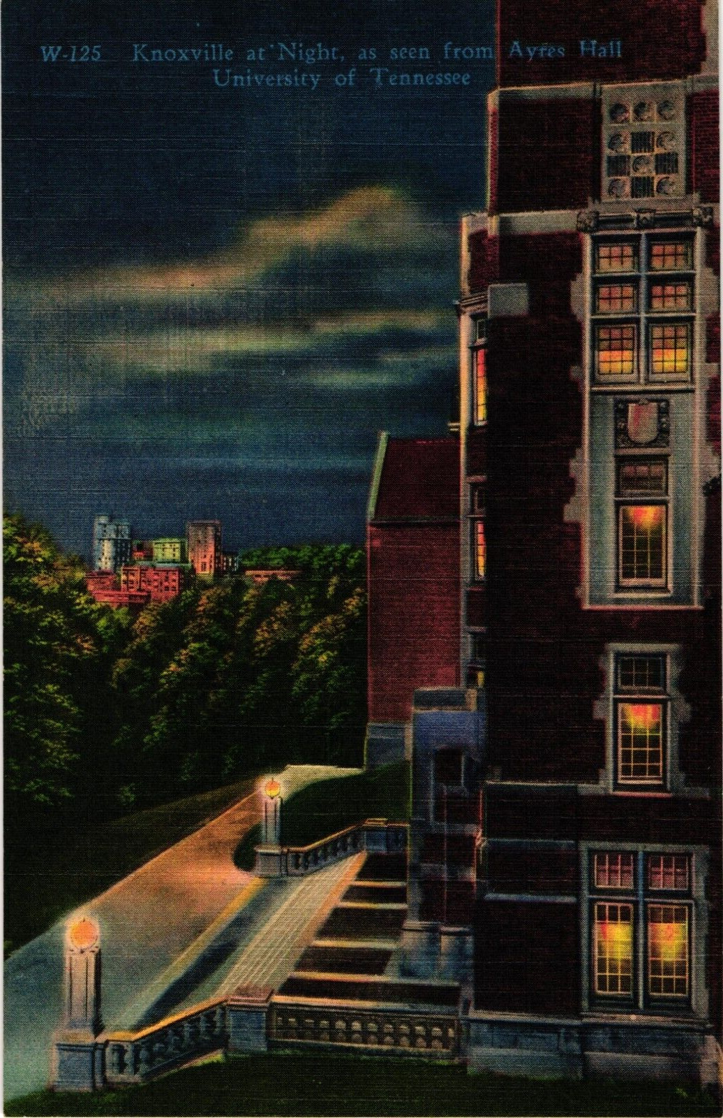 University of Tennessee Knoxville at Night from Ayres Hall Vintage Postcard