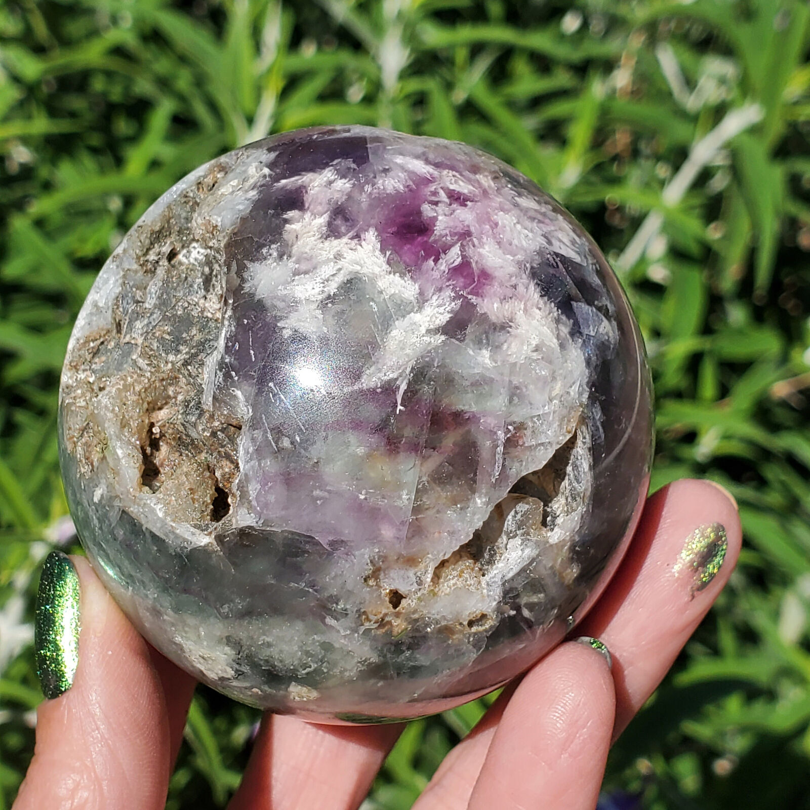 Snowflake Fluorite Feather Sphere Caves  Dendritic  | 480 Grams | 70MM | 1lbs