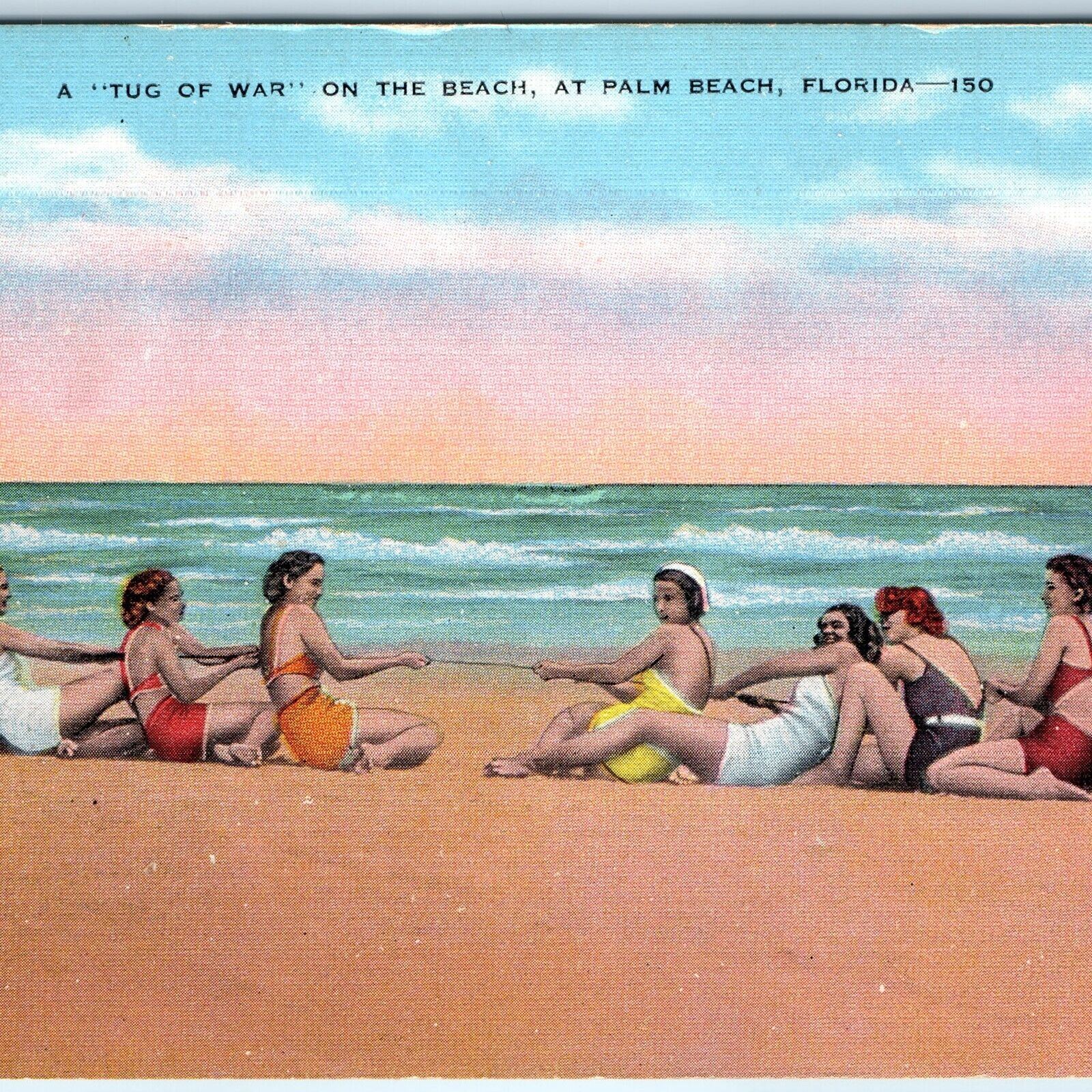 c1940s Palm Beach, FL Tug of War Cute Women Bathing Swimsuit Girls Postcard A177