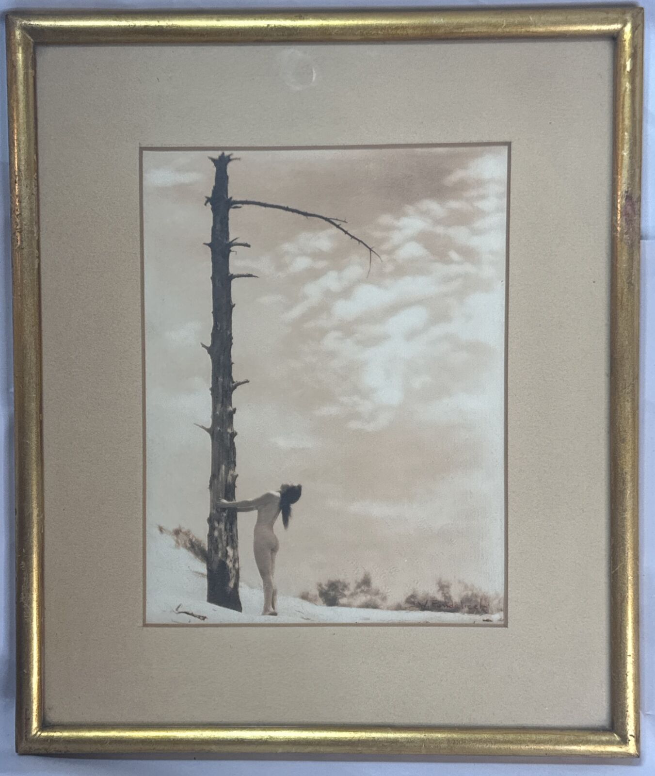 J.W. PONDELICEK Signed Girl Hugging Tree Circa 1920s Framed Sepia Photo Pinup