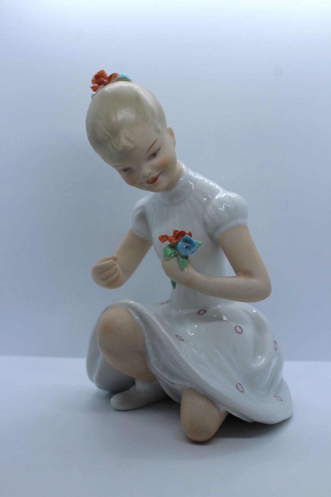Vintage Wallendorf 1764 Porcelain Figurine Girl picking flowers.