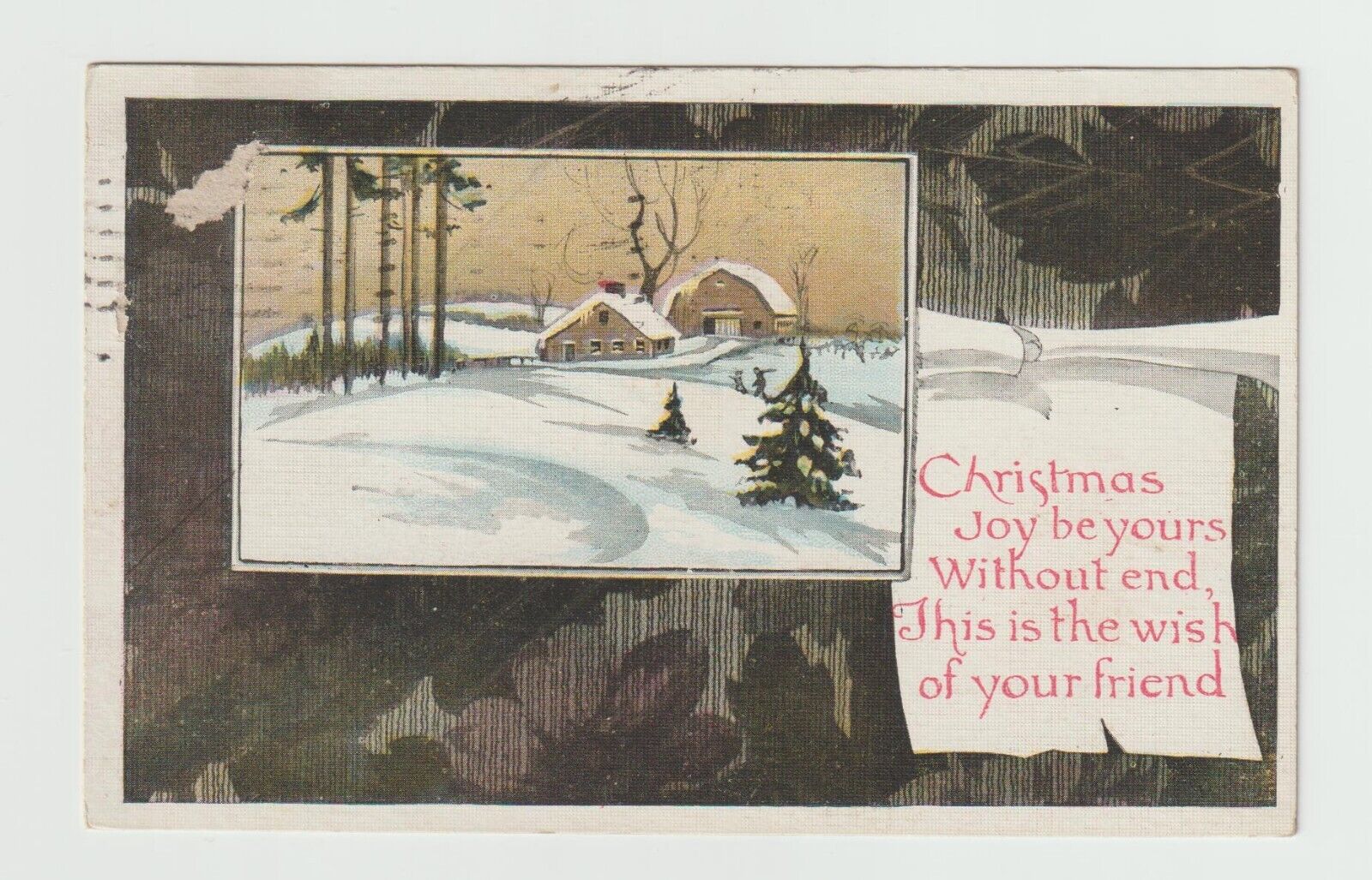 Christmas Joy  Vintage 1921 House Barn Snow Vintage Postcard