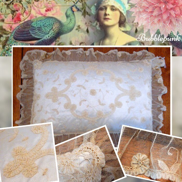 Superb Antique Embroidered Net Lace OOAK B&B Bridal Victorian Boudoir Pillow