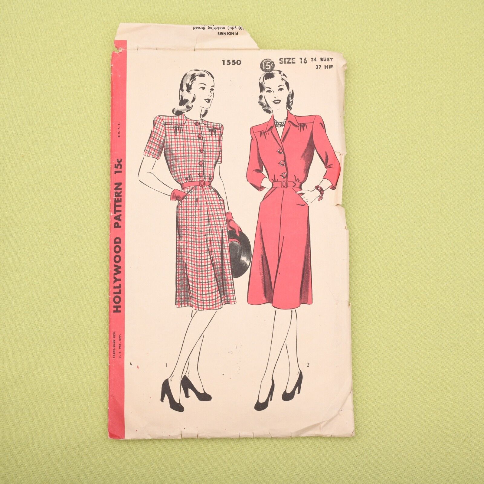 Vintage 1940s Hollywood One Piece Dress Sewing Pattern - 1550 - Bust 34 Complete