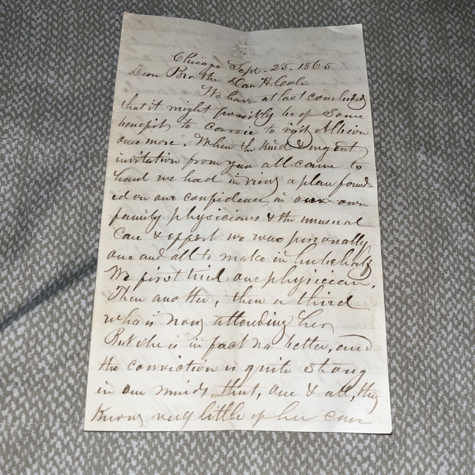 1865 Civil War Era Letter to Dan Hyde Cole - New York Senator / Health & Travel