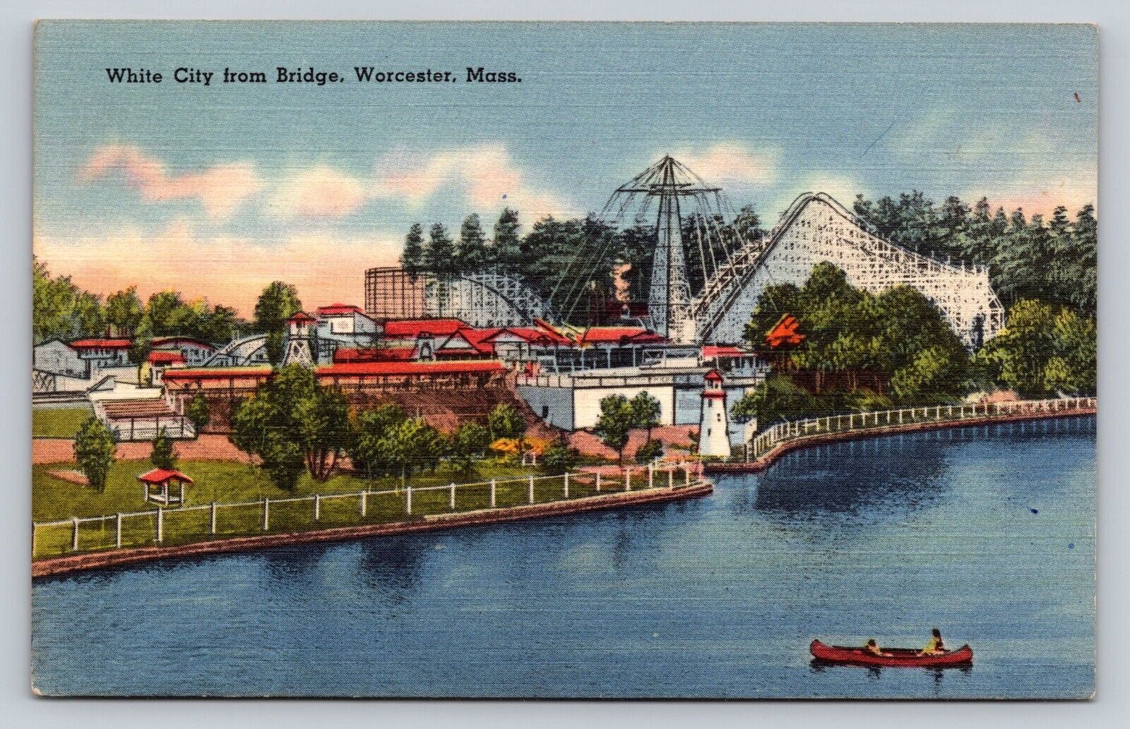 Roller Coaster Amusement Park Canoe White City Worcester MA Vintage Postcard