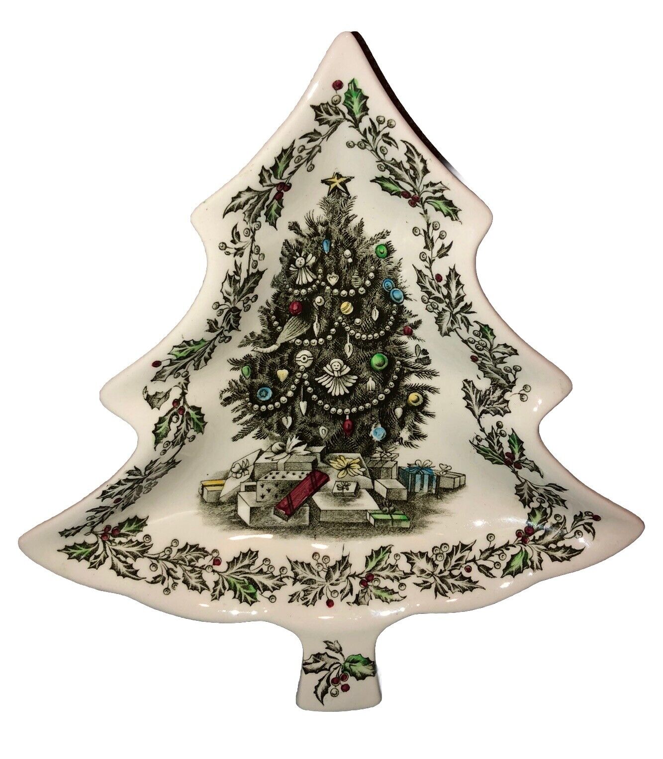 Johnson Bros Vintage Merry Christmas Tree Shaped Candy Dish Made In England