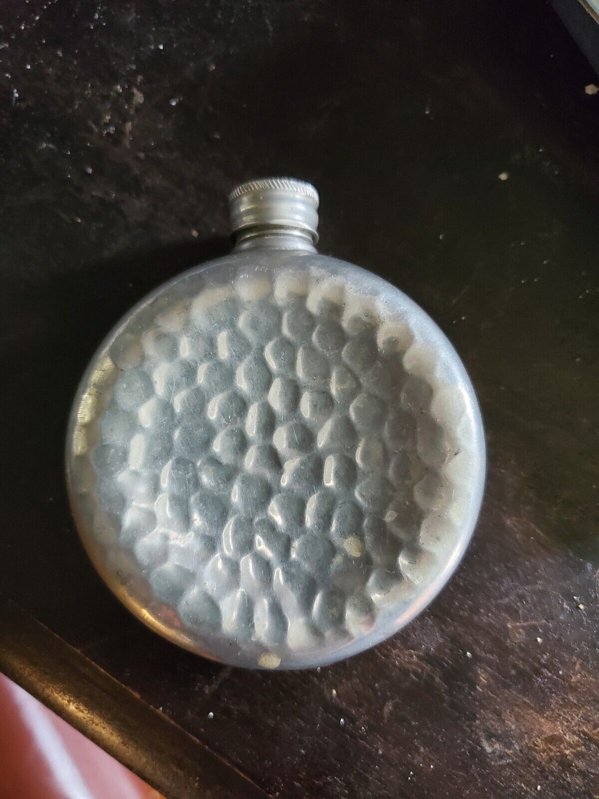 Vintage Antique English Pewter Round Flask Hammered Screw Cap