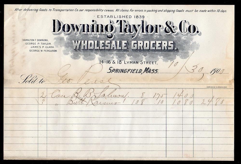 1900 ANTIQUE BILLHEAD*DOWNING TAYLOR & CO*SPRINGFIELD MASS*WHOLESALE GROCERS