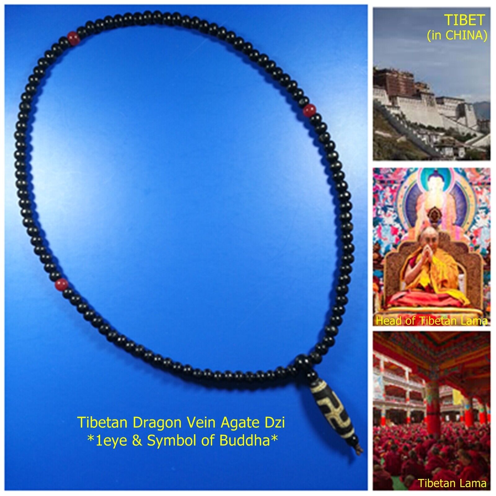 Rare TIBETAN PRAYER DZI BEAD Guanyin Buddha Amulet Pendant Necklace >2,000Yrs.