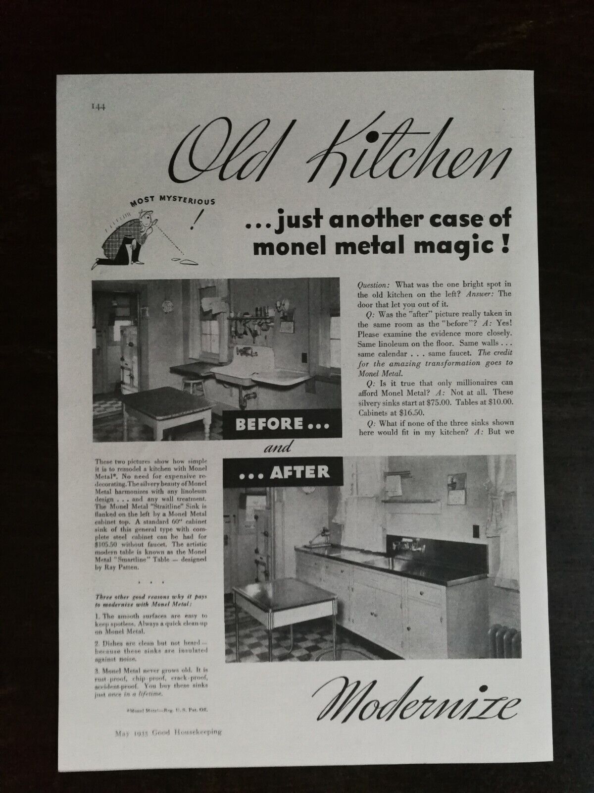 Vintage 1935 Modernize Monel Metal Kitchen Two Page Original Ad 122