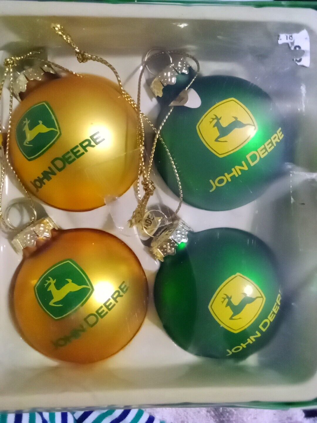 John Deere Logo Set of 4 Glass Ball Ornaments. 