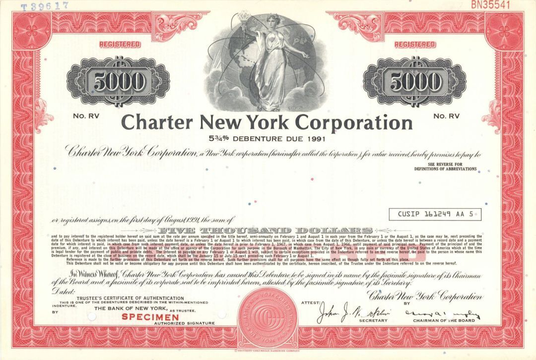 Charter New York Corp. - $5,000 Specimen Bond - Specimen Stocks & Bonds